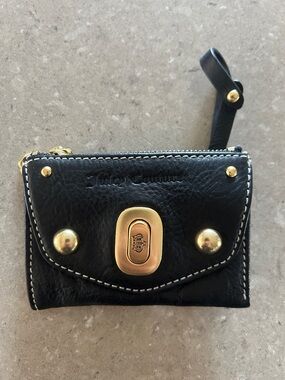 Juicy Couture Black Leather Mini Coin Wallet with Gold Accents